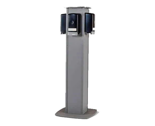 Hand sanitation station with rectangular gray stand and multiple black dispensers for hand sanitizer.