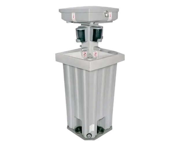 Portable handwashing station with rectangular base, two soap dispensers on top, and foot pump mechanism for water dispensing.