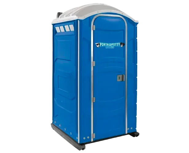 The standard, blue portable toilet with a white roof and the label "dumpster dogs" on the door.